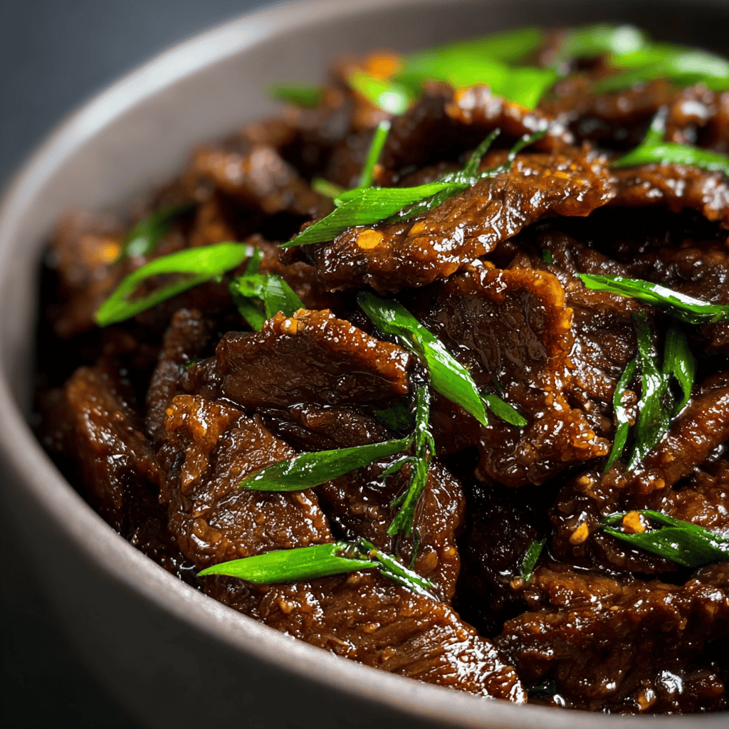 Slow cooker Mongolian beef in a ceramic crockpot with glossy garlic soy glaze and green onions on top