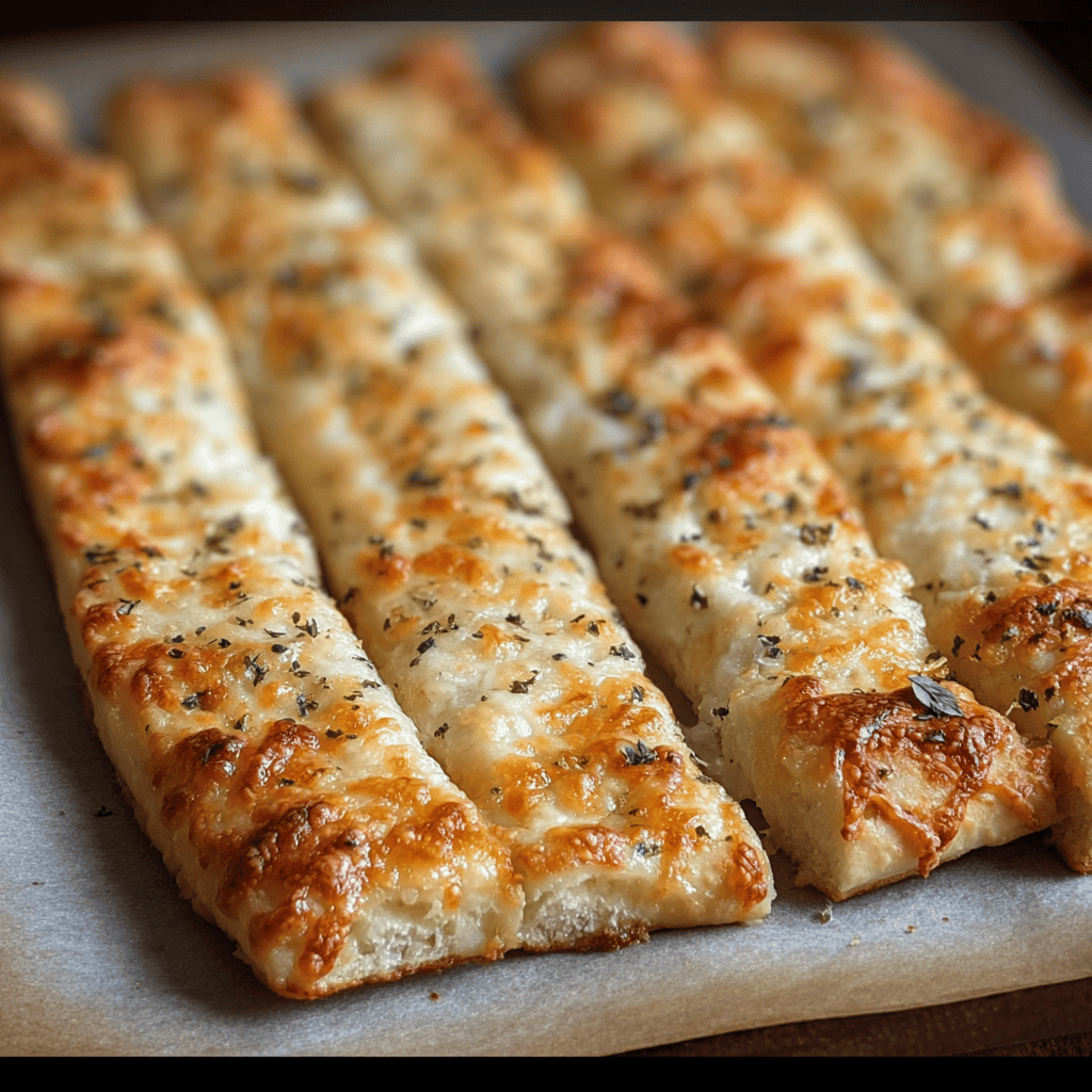 The Ultimate Guide to Sourdough Cheesy Breadsticks 4 Close-up of baked sourdough cheesy breadsticks with golden cheese and herbs on parchment paper