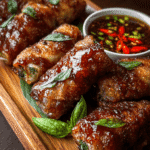 Sticky Thai basil beef rolls glistening with sauce, topped with basil and served with garlic soy chili dipping sauce