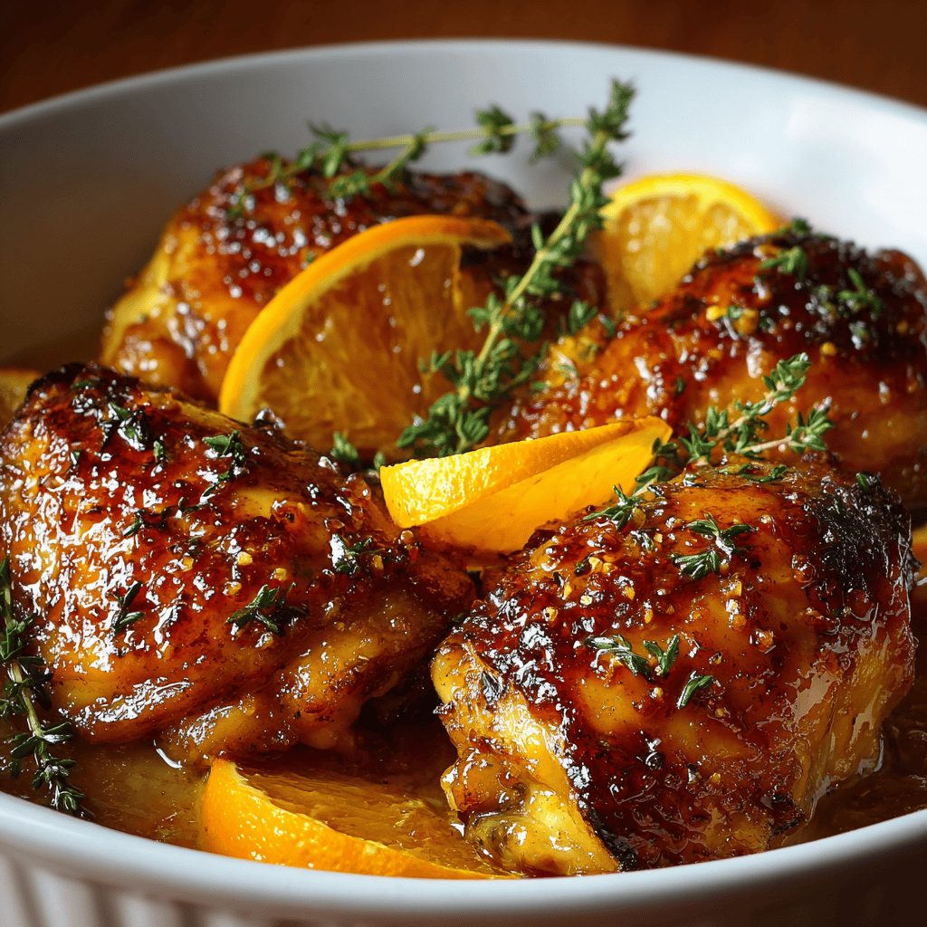 Sweet Savory Roasted Orange Chicken: A Citrus-Glazed Family Favorite 3 Close-up of sweet savory roasted orange chicken thighs garnished with orange slices and fresh thyme in a white baking dish.