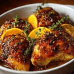 Sweet Savory Roasted Orange Chicken: A Citrus-Glazed Family Favorite 5 Baked sweet savory roasted orange chicken with a glossy citrus glaze, topped with herbs and served with juicy orange wedges.