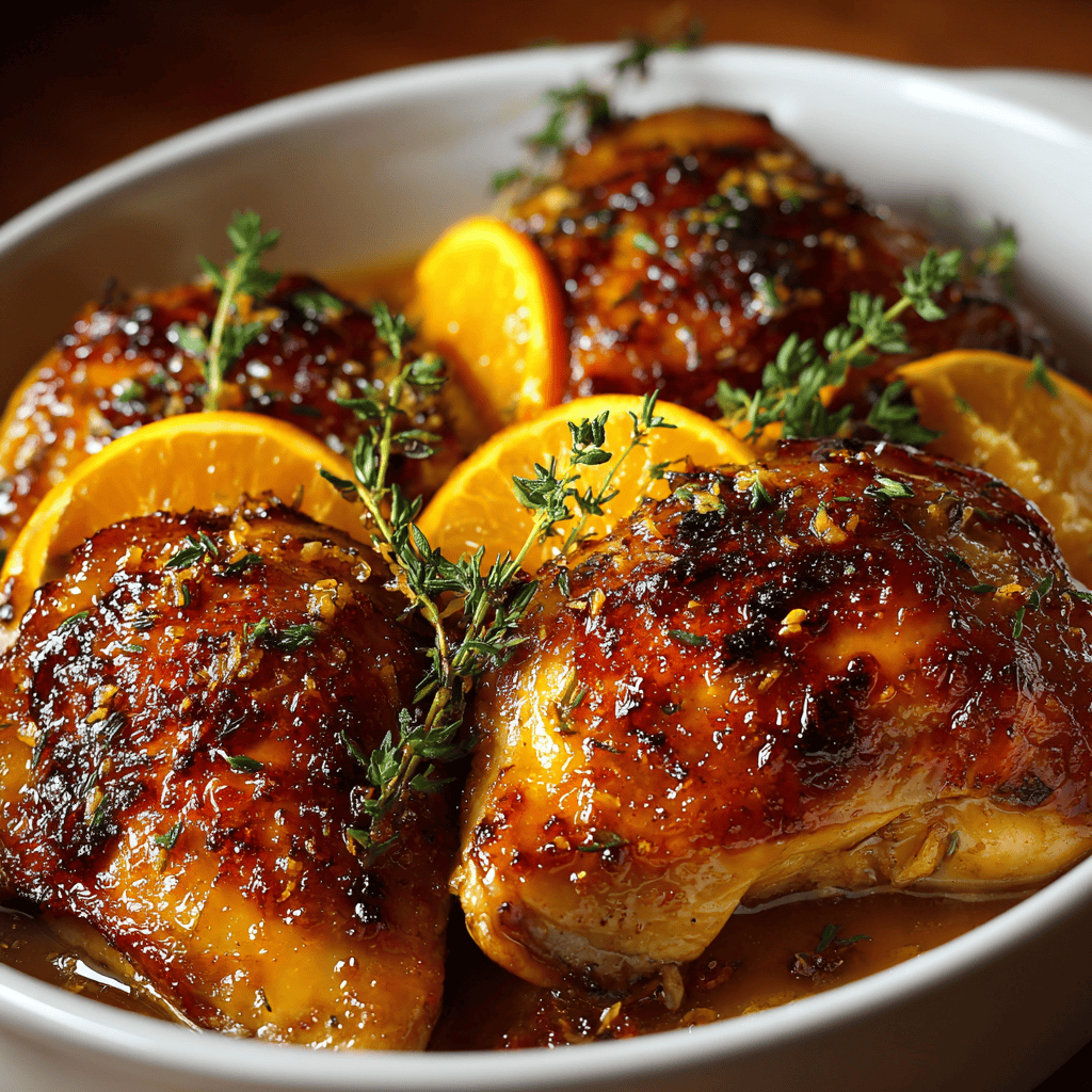 Sweet Savory Roasted Orange Chicken: A Citrus-Glazed Family Favorite 4 Baked sweet savory roasted orange chicken with a glossy citrus glaze, topped with herbs and served with juicy orange wedges.