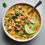 Top-down view of Tasty Chicken Poblano and Black Bean Soup with shredded chicken, black beans, corn, and lime wedges in a ceramic bowl
