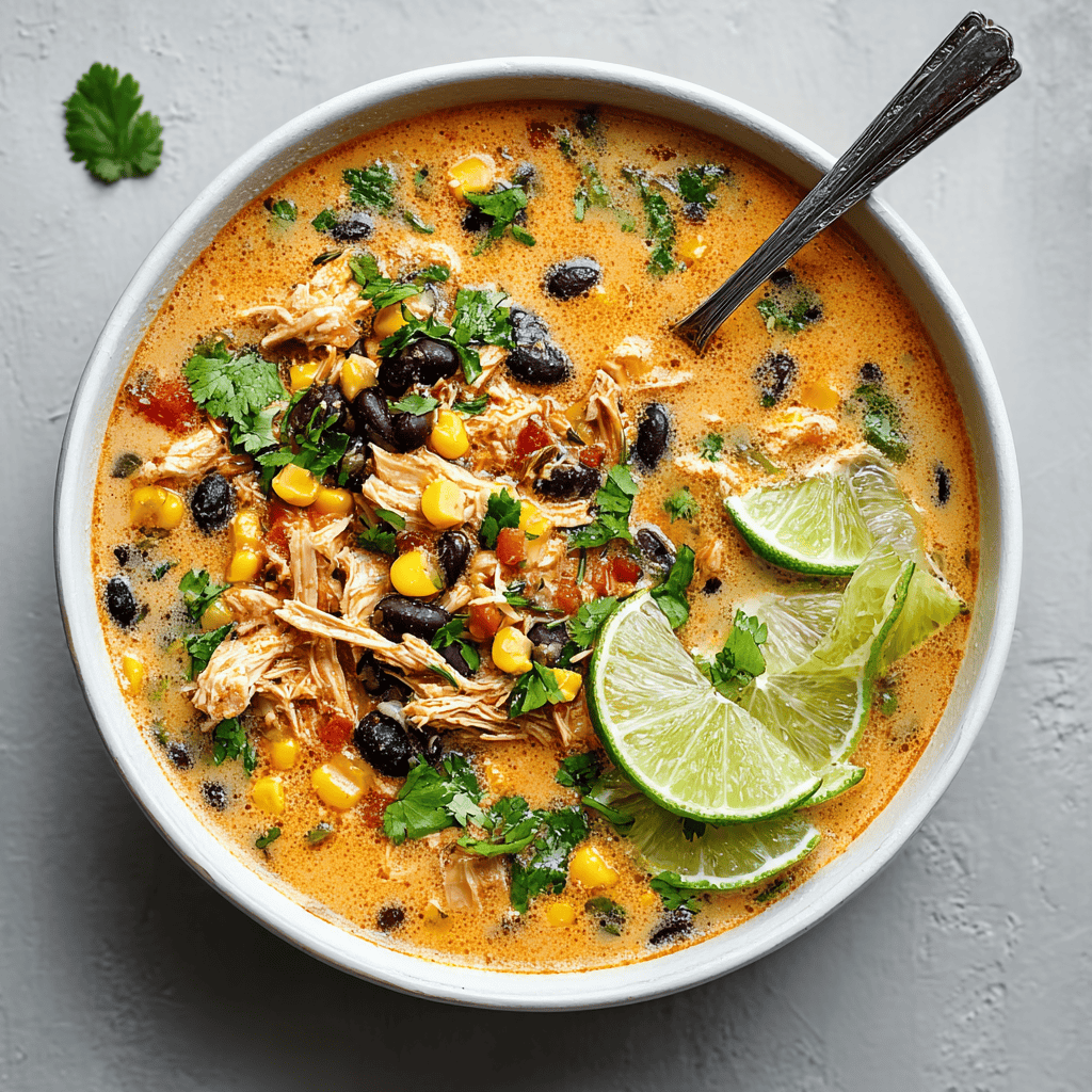 Top-down view of Tasty Chicken Poblano and Black Bean Soup with shredded chicken, black beans, corn, and lime wedges in a ceramic bowl