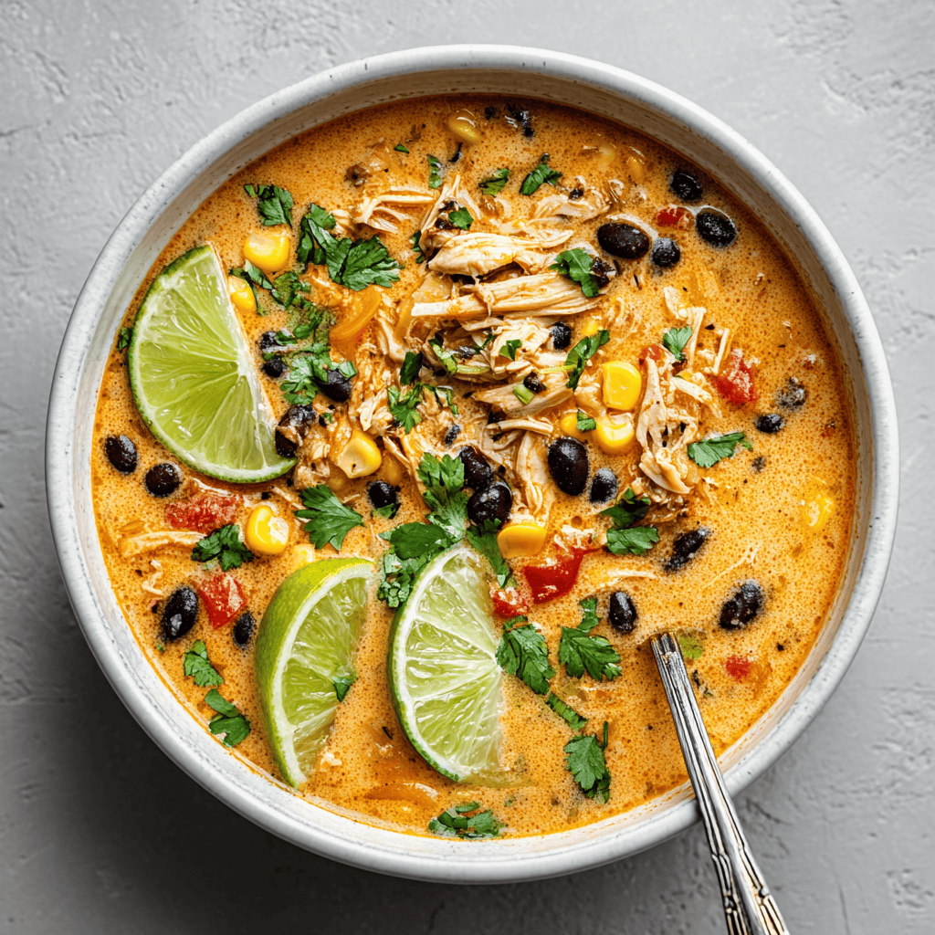 Bowl of Tasty Chicken Poblano and Black Bean Soup with shredded chicken, corn, black beans, cilantro, and lime wedges on a white background