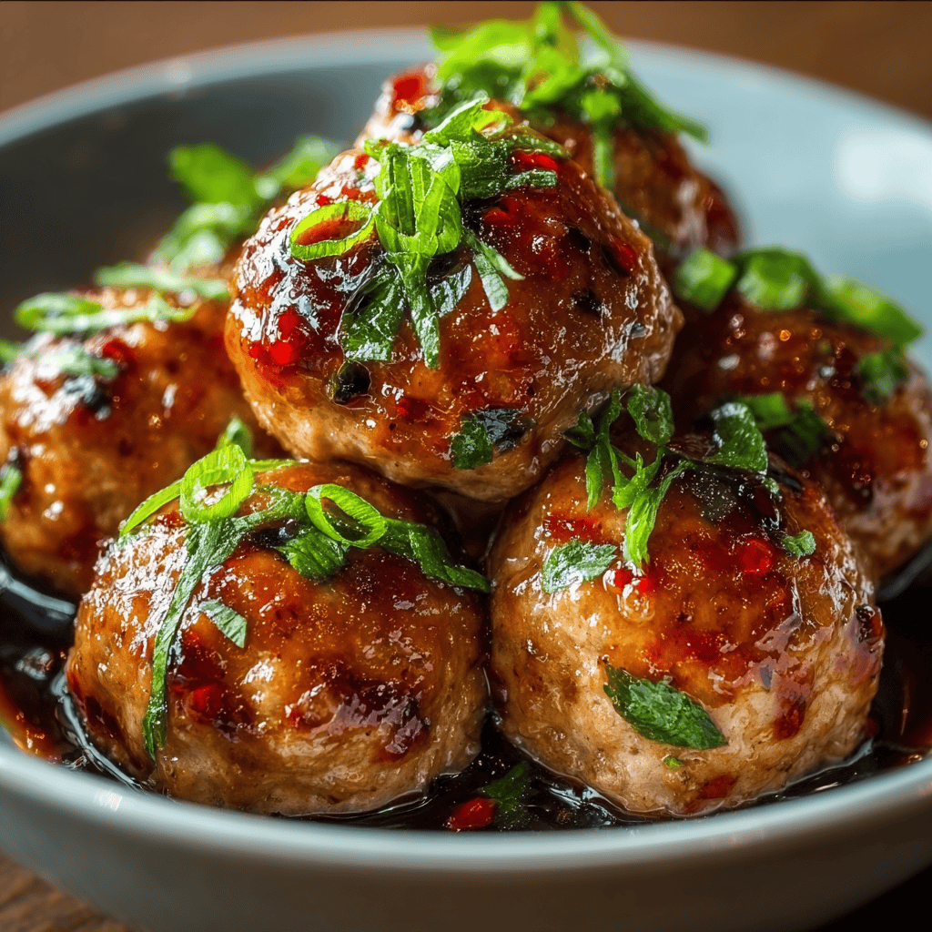 A close-up of Thai baked chicken meatballs glazed with sweet chili sauce and garnished with green onions and herbs in a dark bowl.