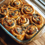 Freshly baked vegan caramelized onion and spinach pizza rolls in a glass dish, topped with tomato sauce and vegan cheese.