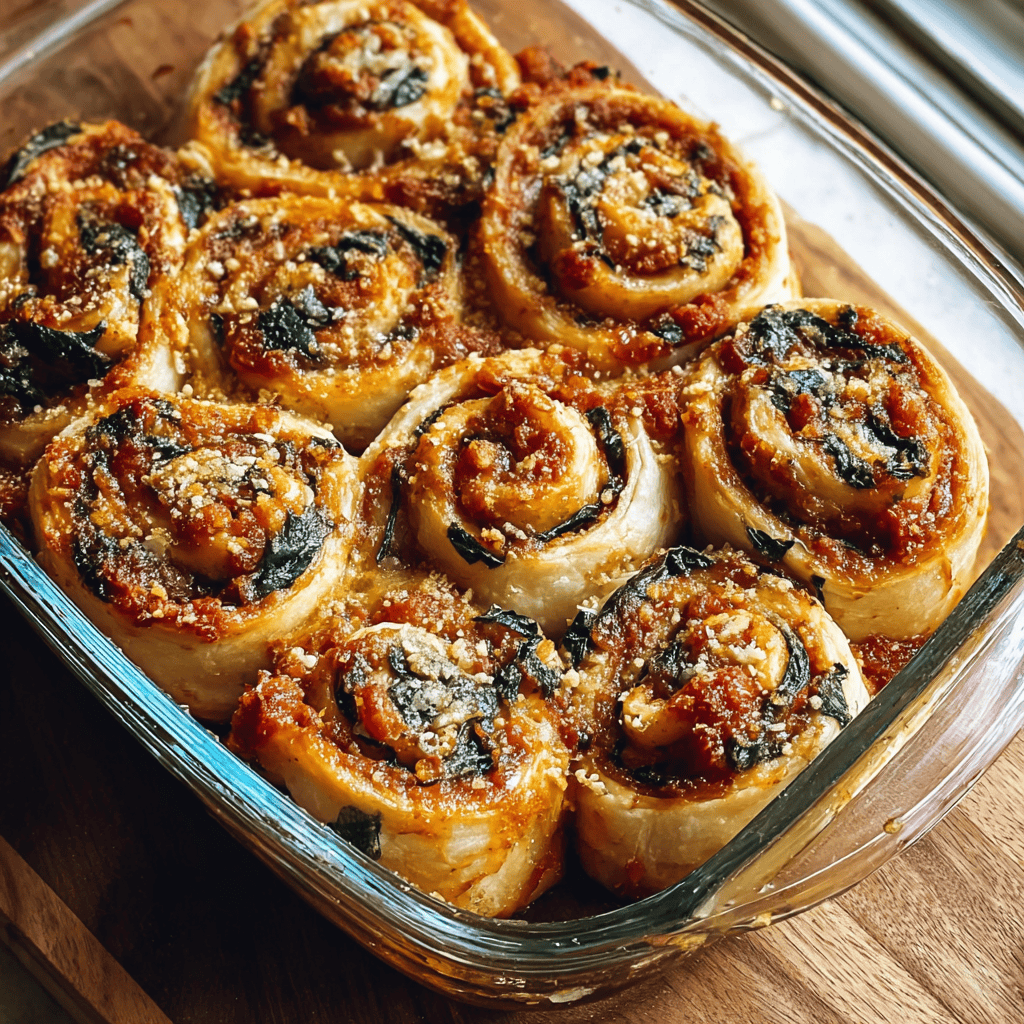 Freshly baked vegan caramelized onion and spinach pizza rolls in a glass dish, topped with tomato sauce and vegan cheese.