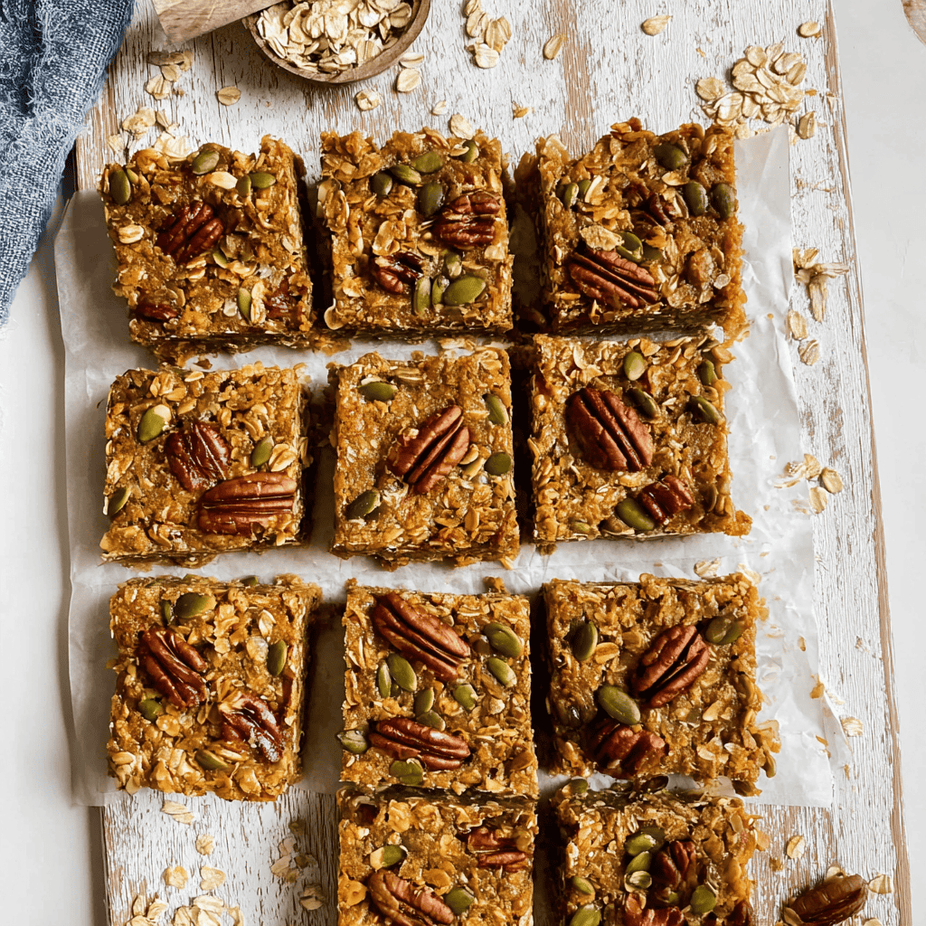 Baked Breakfast Oatmeal Pumpkin Bars: The Ultimate Cozy Morning Treat 3 Top-down view of baked breakfast oatmeal pumpkin bars with oats, pecans, and pepitas on parchment paper – healthy fall breakfast recipe.