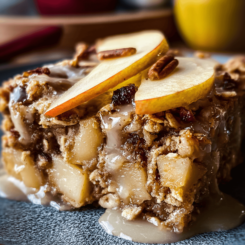 Oatmeal Apple Breakfast Bake: A Cozy, Healthy Start to Your Day 4 Extreme close-up of oatmeal apple breakfast bake showing gooey cinnamon apple layers, oats, raisins, and apple slices – a cozy, healthy fall breakfast.