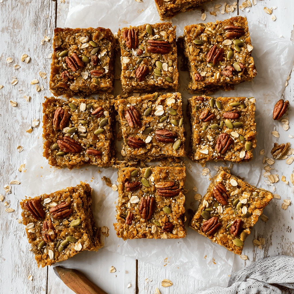 Baked Breakfast Oatmeal Pumpkin Bars: The Ultimate Cozy Morning Treat 4 Freshly baked pumpkin oatmeal breakfast bars topped with pecans and pepitas, sliced into squares on parchment paper – healthy fall meal prep idea.