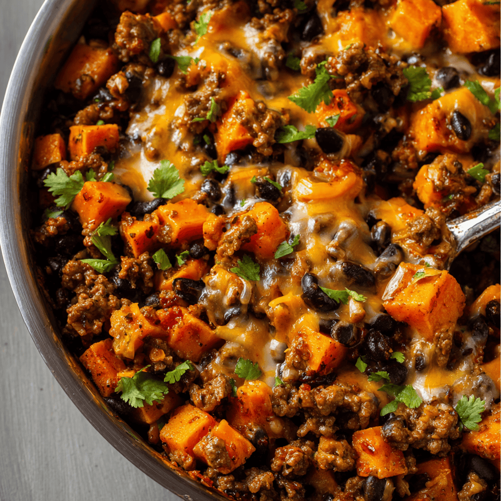Southwestern Ground Beef Sweet Potato Skillet 4 Cheesy Southwestern Ground Beef Sweet Potato Skillet in a stainless steel pan with ground beef, black beans, sweet potatoes, and melted cheese.