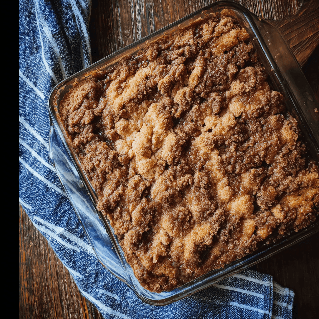 A full sourdough discard coffee cake with cinnamon sugar topping baked in a glass dish, resting on a striped kitchen towel.