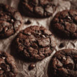 Baked sourdough double chocolate chip cookies with chocolate chips on parchment paper