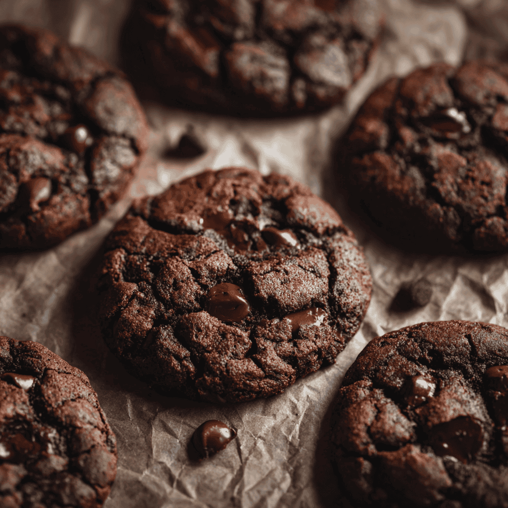 Baked sourdough double chocolate chip cookies with chocolate chips on parchment paper