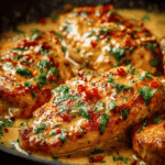 Close-up of Thai peanut chicken cooked in a crockpot with a creamy peanut sauce, garnished with chopped parsley and chili flakes.