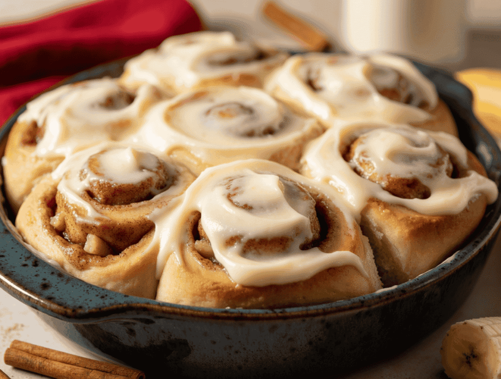 Banana Bread Buttermilk Cinnamon Rolls with cream cheese frosting
