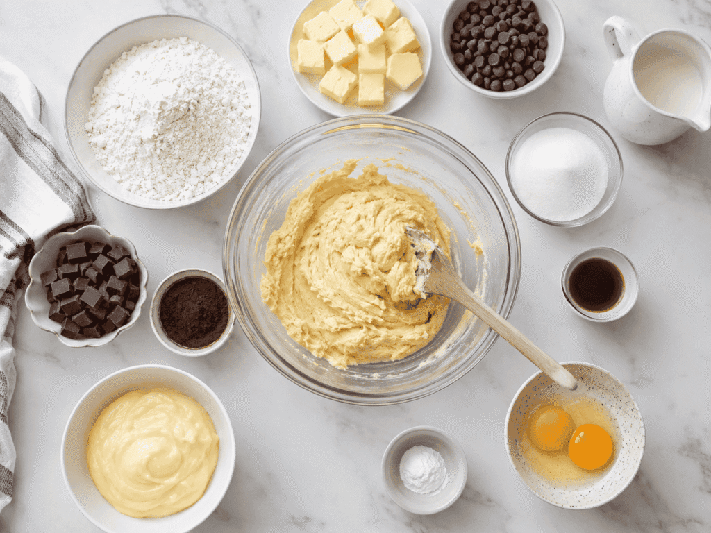 Vanilla pastry cream being piped onto golden cookies while assembling Boston Cream Pie Cookies, with chocolate ganache and finished cookies nearby.