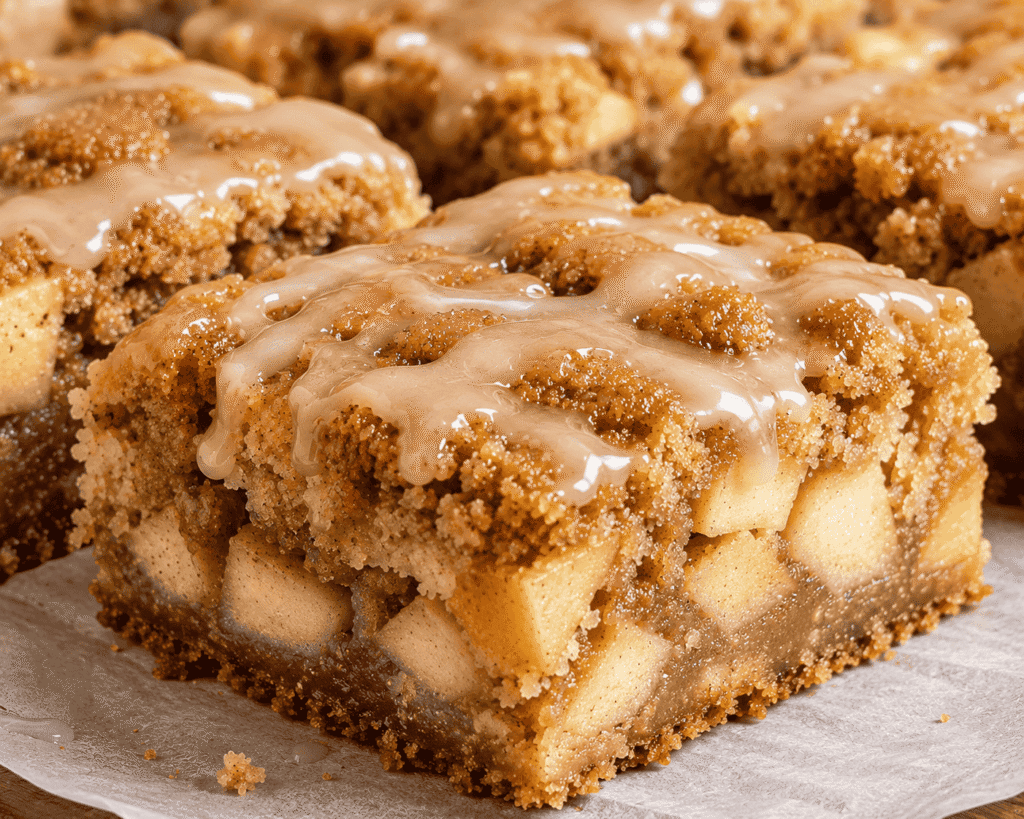 Close-up of a brown butter apple blondie with tender apple chunks, cinnamon topping, and creamy cinnamon glaze.