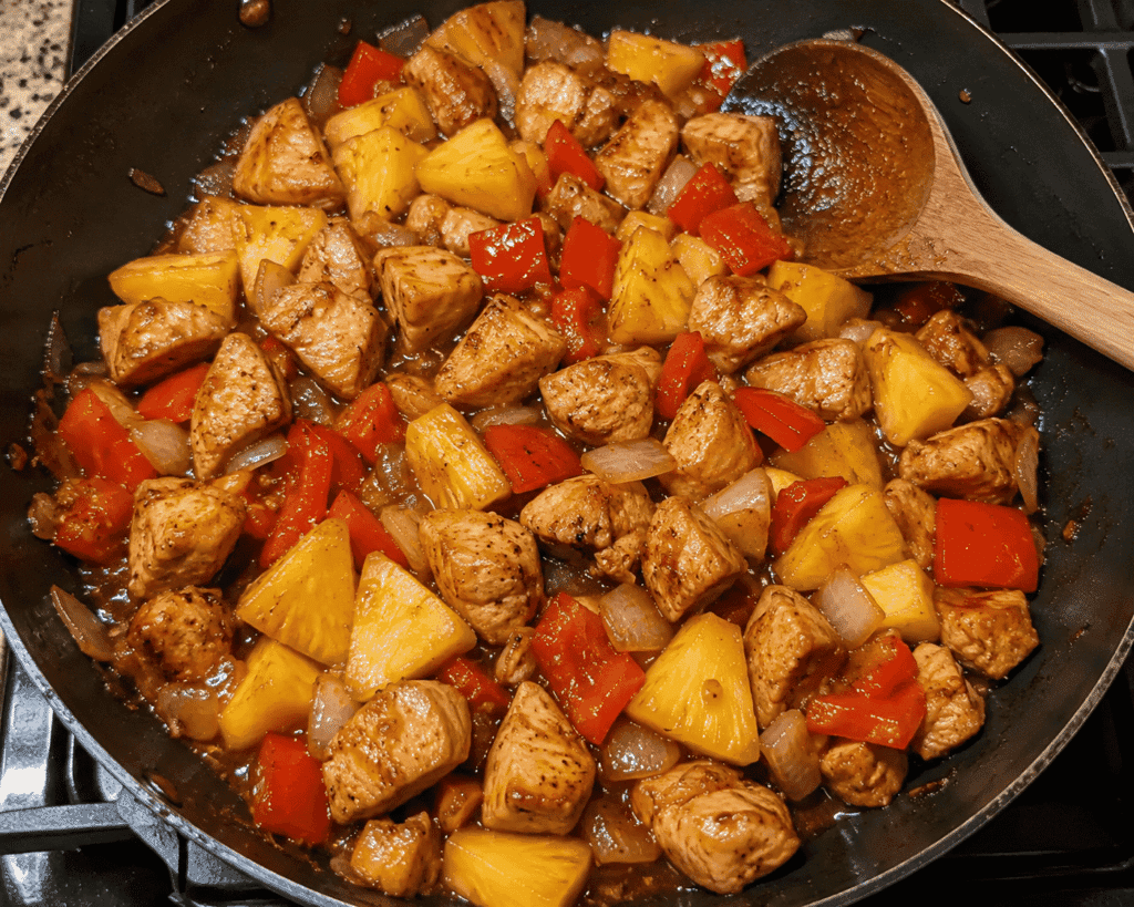 Pineapple chicken cooking in a skillet with browned chicken, pineapple chunks, red bell peppers, onions, and a glossy sweet and savory sauce