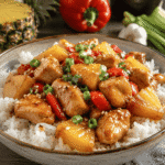 Pineapple chicken and rice bowl topped with glazed chicken, caramelized pineapple, red bell peppers, green onions, and sesame seeds.