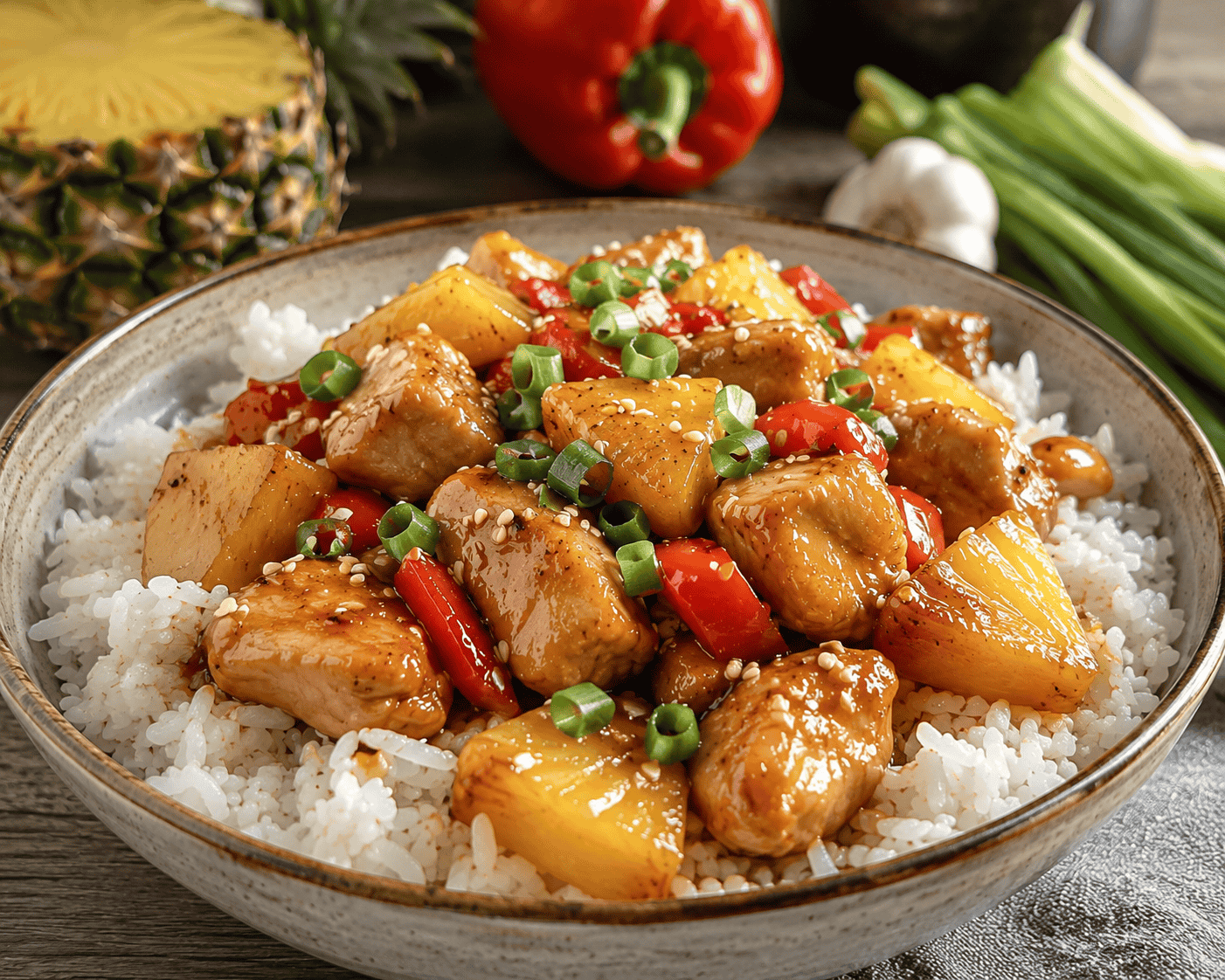Pineapple chicken and rice bowl topped with glazed chicken, caramelized pineapple, red bell peppers, green onions, and sesame seeds.