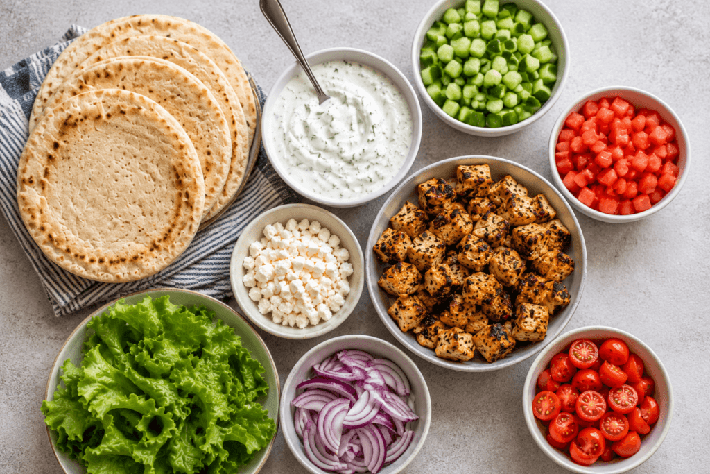 Pita bread, roasted chicken, cucumber, tomatoes, feta, greens, and tzatziki arranged on a table.