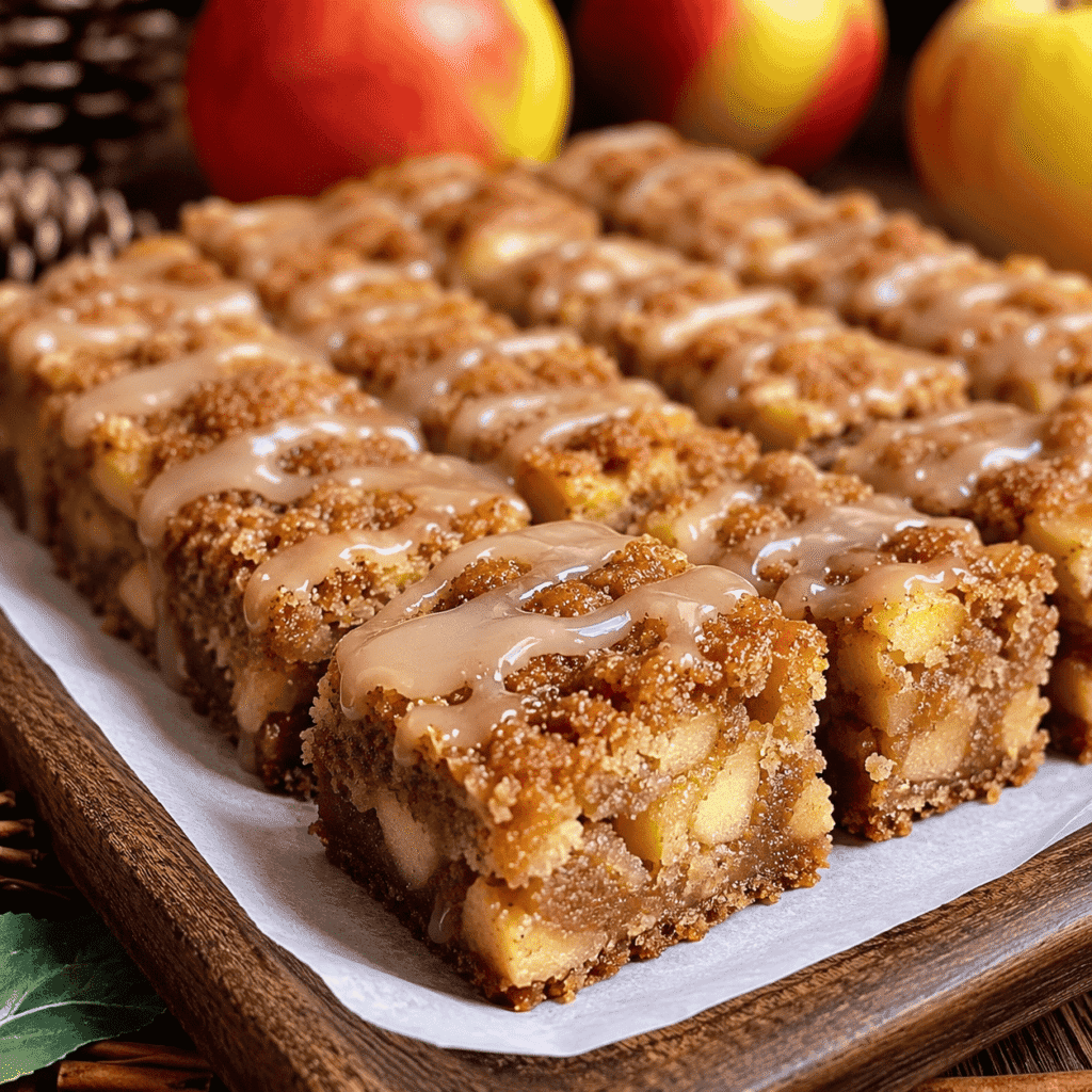 Brown Butter Apple Blondies with Cinnamon Glaze 6 Homemade brown butter apple blondies topped with cinnamon glaze and served on parchment with fresh apples in the background.
