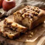 Homemade cinnamon apple bread with fresh apple chunks, cinnamon streusel, and vanilla glaze