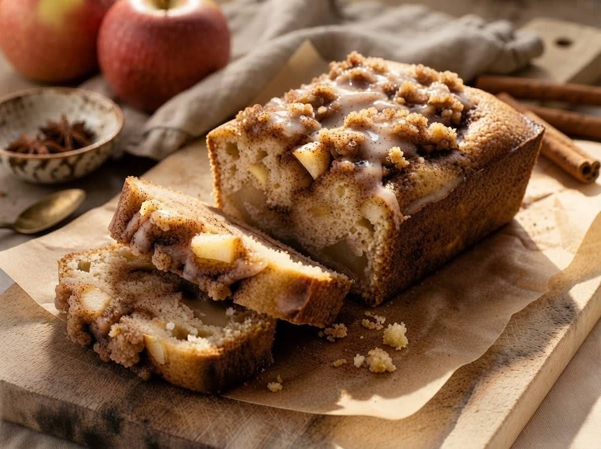 Homemade cinnamon apple bread with fresh apple chunks, cinnamon streusel, and vanilla glaze