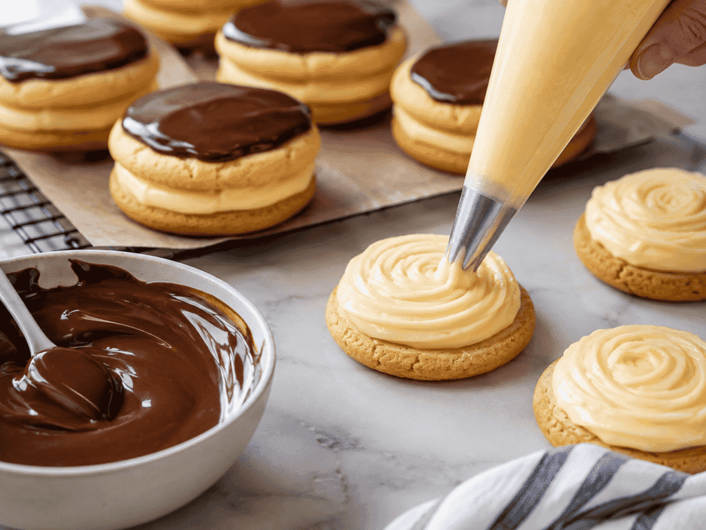 Vanilla pastry cream being piped onto golden cookies while assembling Boston Cream Pie Cookies, with chocolate ganache and finished cookies nearby