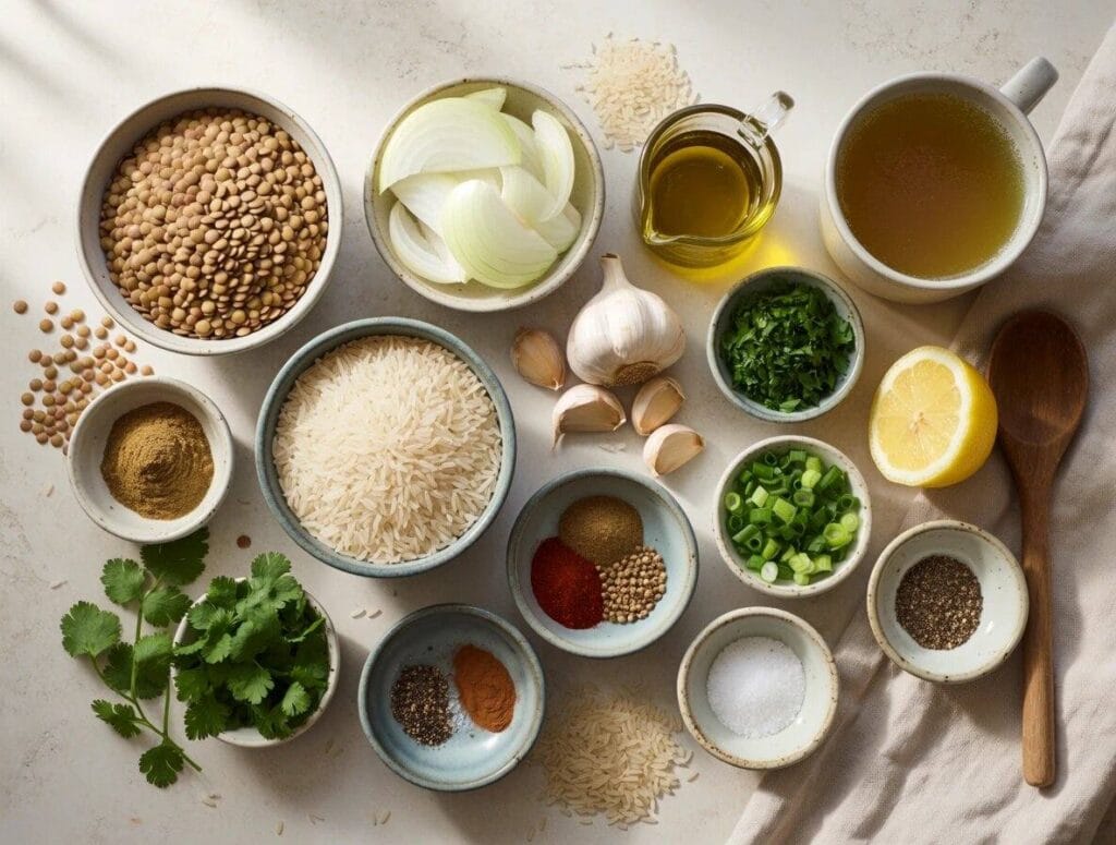 Mediterranean Lentils and Rice: Easy One-Pot Recipe 4 Ingredients for Mediterranean lentils and rice with lentils, basmati rice, onions, garlic, olive oil, herbs, lemon, broth, and spices.