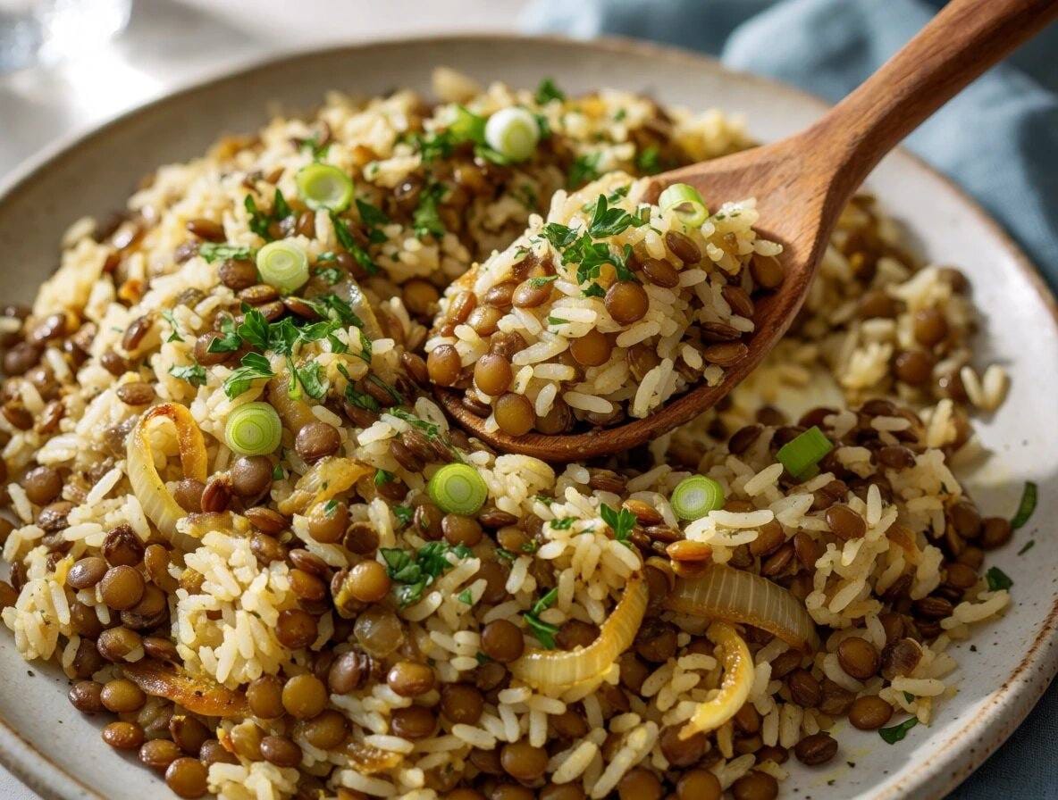 Mediterranean Lentils and Rice: Easy One-Pot Recipe 3 Mediterranean lentils and rice with caramelized onions, fresh parsley, and green onions served on a plate with a wooden spoon.
