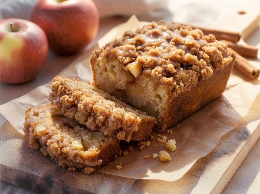 Sliced moist cinnamon apple bread topped with cinnamon streusel and served with fresh red apples