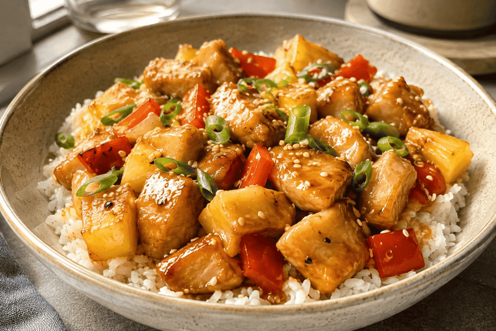 Pineapple chicken and rice with glazed chicken, juicy pineapple chunks, red bell peppers, jasmine rice, green onions, and sesame seeds.