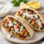 Sheet pan chicken pitas filled with grilled chicken, cucumber, tomatoes, feta, red onion, and tzatziki sauce.