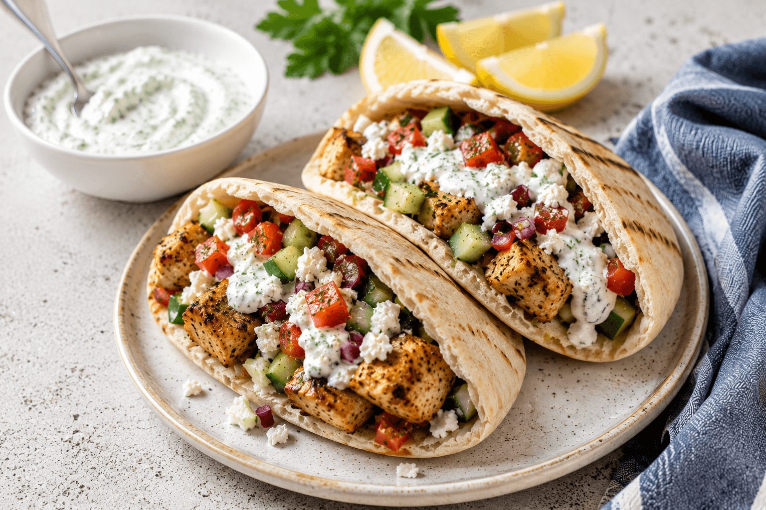 Sheet pan chicken pitas filled with grilled chicken, cucumber, tomatoes, feta, red onion, and tzatziki sauce.