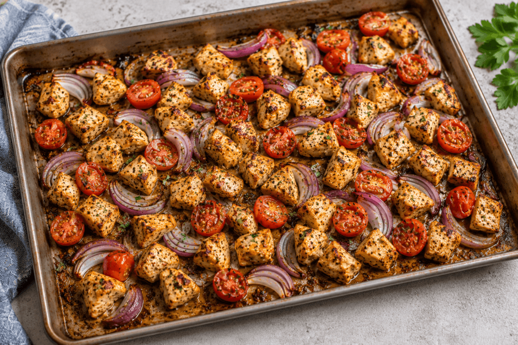 Seasoned chicken roasted on a sheet pan with cherry tomatoes and sliced red onion.
