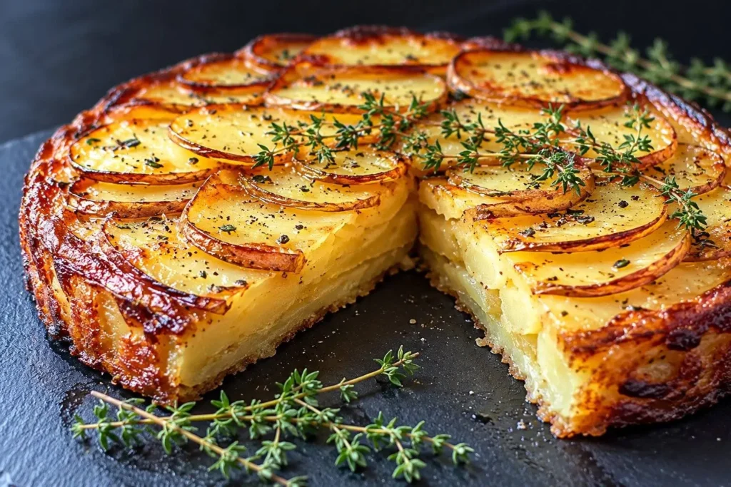 Homemade Balsamic-Thyme Potato Torte with thin, golden-brown potato slices, crispy edges, fresh thyme, and a sliced section revealing tender layers.