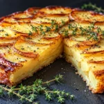 Homemade Balsamic-Thyme Potato Torte with thin, golden-brown potato slices, crispy edges, fresh thyme, and a sliced section revealing tender layers.