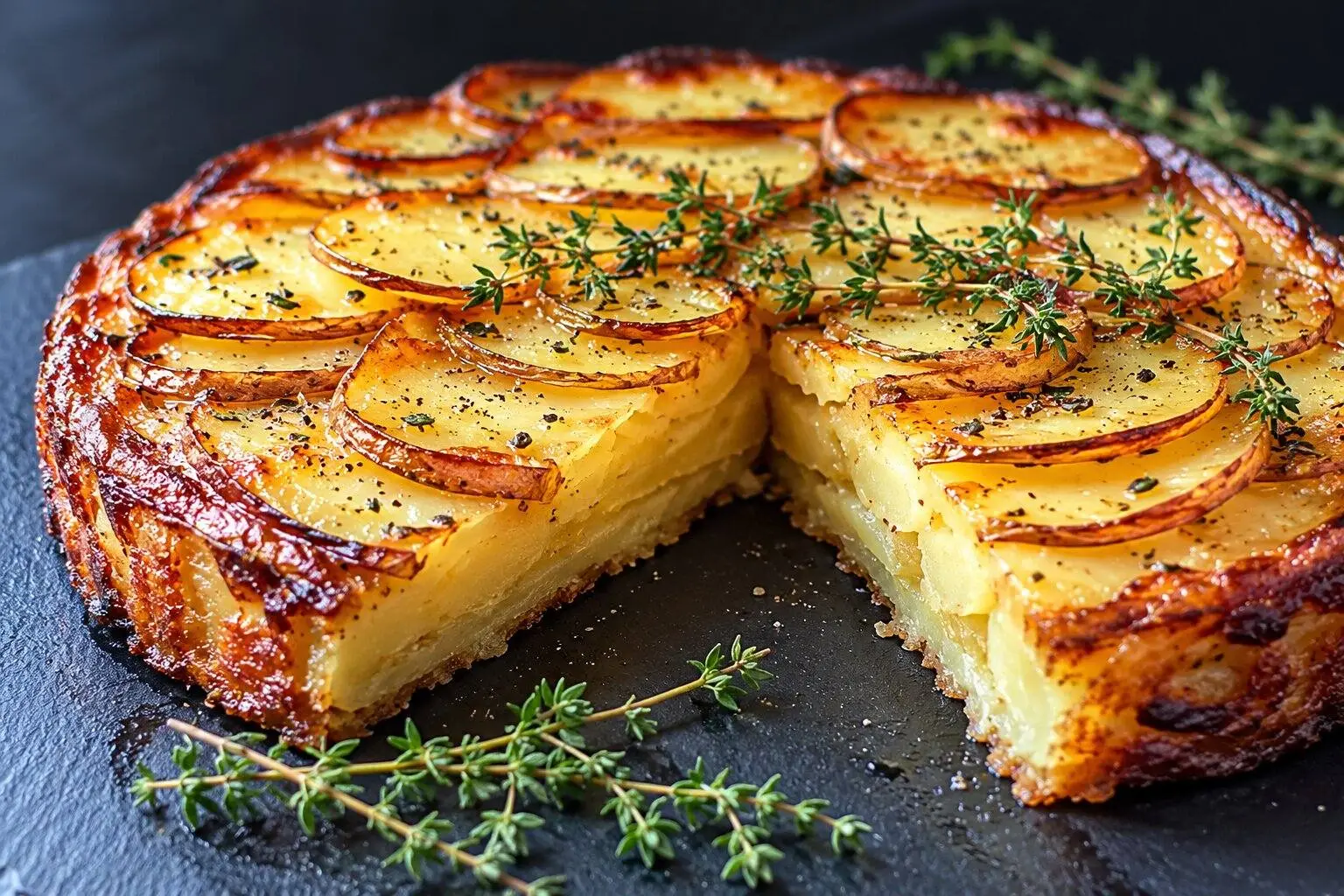 Balsamic-Thyme Potato Torte: Easy, Crispy, and Flavorful Recipe 1 Homemade Balsamic-Thyme Potato Torte with thin, golden-brown potato slices, crispy edges, fresh thyme, and a sliced section revealing tender layers.