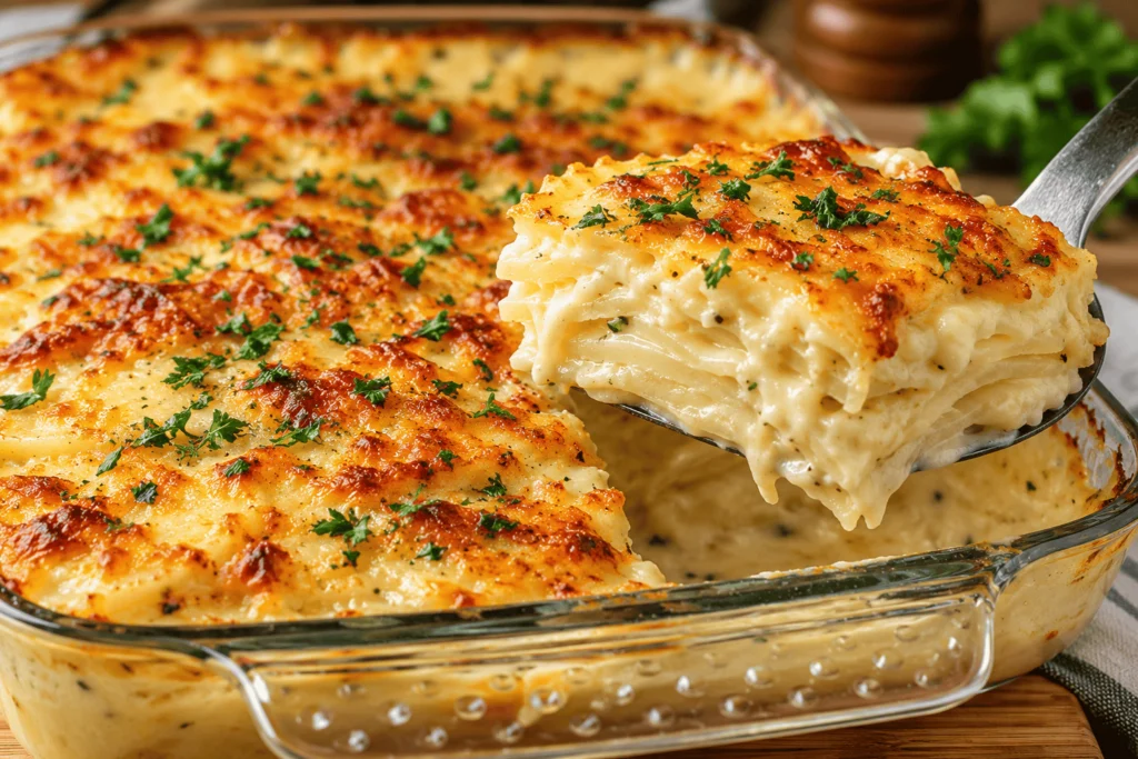 Creamy Brown Butter Potato Gratin with tender potato layers, golden melted cheese, and fresh herbs, served on a spatula above a glass baking dish.