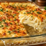 Creamy Brown Butter Potato Gratin with tender potato layers, golden melted cheese, and fresh herbs, served on a spatula above a glass baking dish.