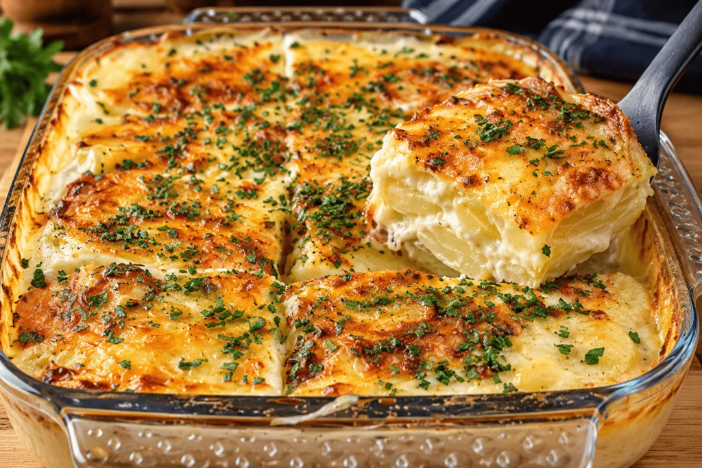 Freshly baked Brown Butter Potato Gratin with a golden cheesy crust, chopped herbs, and creamy potato layers, served from a glass baking dish.