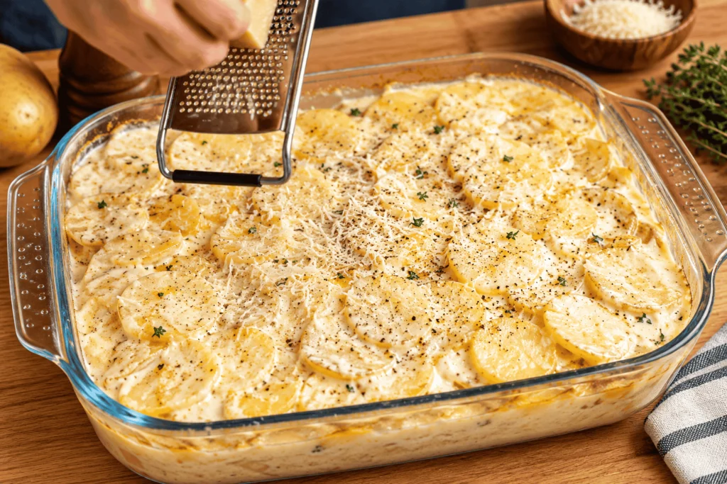 Freshly grated cheese being sprinkled over thinly sliced potatoes in a creamy sauce, preparing homemade Brown Butter Potato Gratin in a glass baking dish.