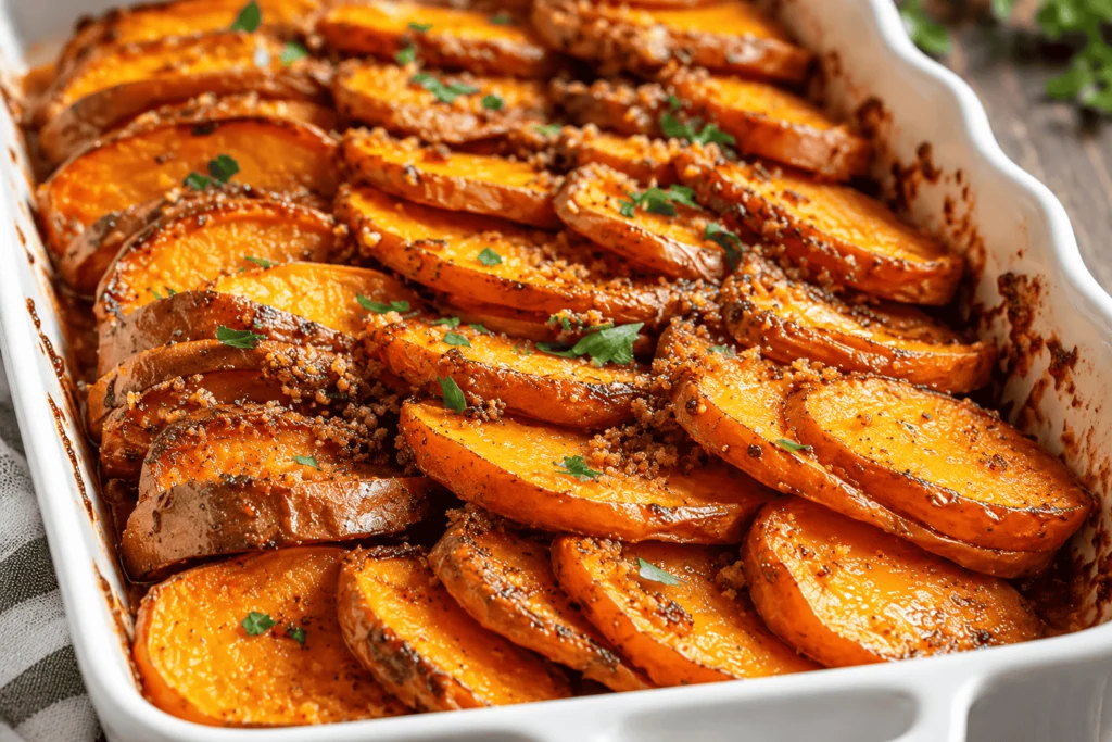 Brown Sugar Glazed Scalloped Sweet Potatoes: Easy Holiday Side Dish 4 Oven-baked Brown Sugar Glazed Scalloped Sweet Potatoes layered with tender golden-orange slices, a rich buttery glaze, crispy caramelized edges, and fresh parsley.