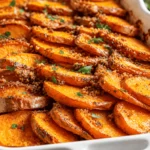 Brown Sugar Glazed Scalloped Sweet Potatoes: Easy Holiday Side Dish 5 Oven-baked Brown Sugar Glazed Scalloped Sweet Potatoes layered with tender golden-orange slices, a rich buttery glaze, crispy caramelized edges, and fresh parsley.