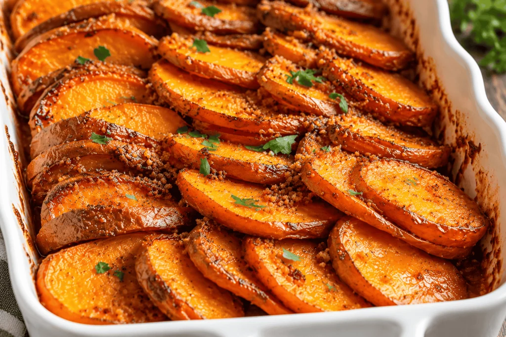 Brown Sugar Glazed Scalloped Sweet Potatoes arranged in a white baking dish with caramelized edges, a glossy brown sugar glaze, and fresh herbs.