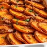 Brown Sugar Glazed Scalloped Sweet Potatoes arranged in a white baking dish with caramelized edges, a glossy brown sugar glaze, and fresh herbs.