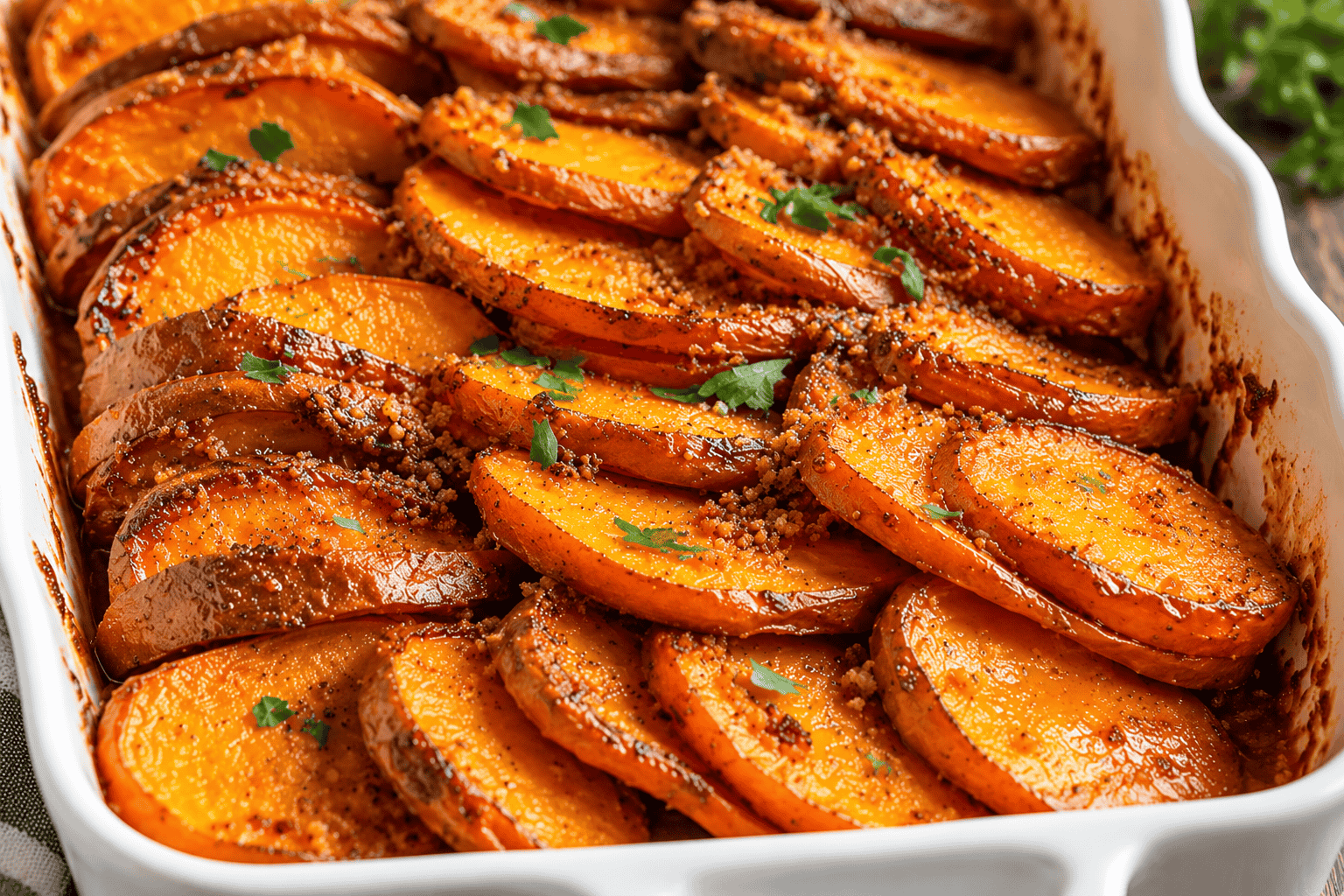 Brown Sugar Glazed Scalloped Sweet Potatoes: Easy Holiday Side Dish 3 Brown Sugar Glazed Scalloped Sweet Potatoes arranged in a white baking dish with caramelized edges, a glossy brown sugar glaze, and fresh herbs.